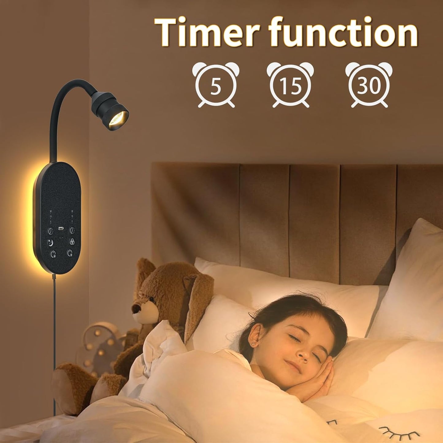 LED Wall Mounted Reading Light for Bed, Book Light for Reading with Touch Control, Stepless Dimmable, Flexible Gooseneck Bed Light with USB C+A, Night Light & Timers Function (White)