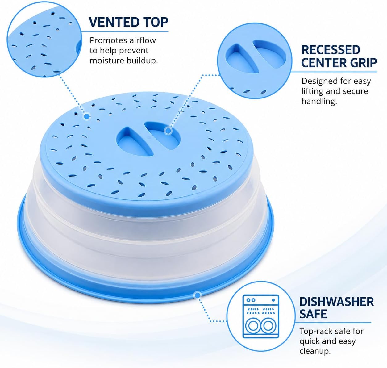 Collapsible Microwave Splatter Cover for Food 10.5 Inch Vented Blue