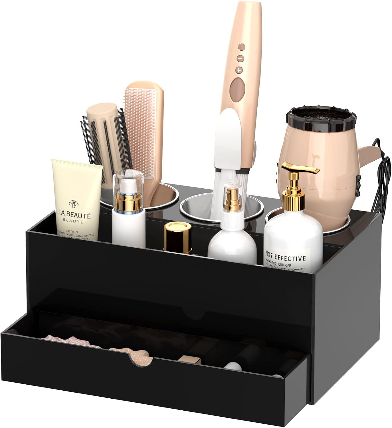 NIUBEE Acrylic Hair Tool Organizer,Hair Dryer Holder Countertop with 3 Cups | Clear, Hot Tools Organizer, Hair Blow Dryer Organizer for Curling Iron, Brush, Straightener, Makeup,Skincare,Vanity, Bathroom