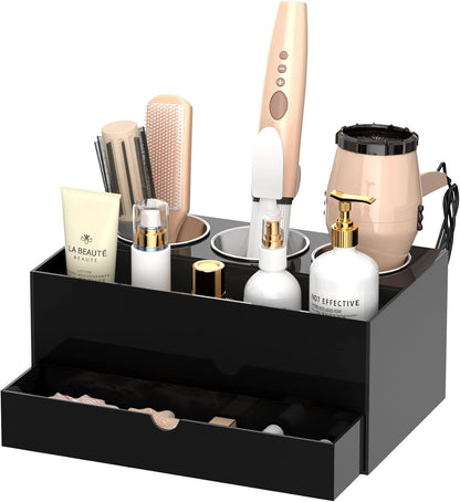 NIUBEE Acrylic Hair Tool Organizer,Hair Dryer Holder Countertop with 3 Cups | Clear, Hot Tools Organizer, Hair Blow Dryer Organizer for Curling Iron, Brush, Straightener, Makeup,Skincare,Vanity, Bathroom