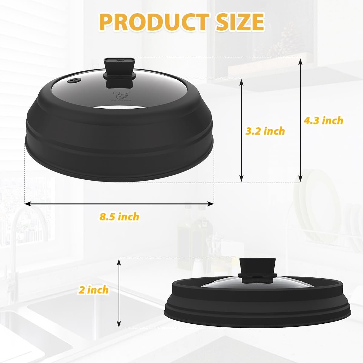 Microwave Splatter Cover Glass Splatter Guard Lid with Collapsible Silicone for Food Pot Cover Plate Cover 10.8 inch Black