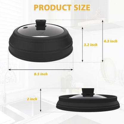 Microwave Splatter Cover Glass Splatter Guard Lid with Collapsible Silicone for Food Pot Cover Plate Cover 10.8 inch Black