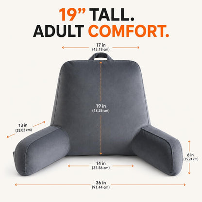OAISZ Reading Pillow for Sitting in Bed with Shredded Memory Foam, Grey | 19-Inch Back Pillow for Sitting Up in Bed, Extended Arms, Side Pockets, Supportive Adjustable Pillow Removable Washable Cover