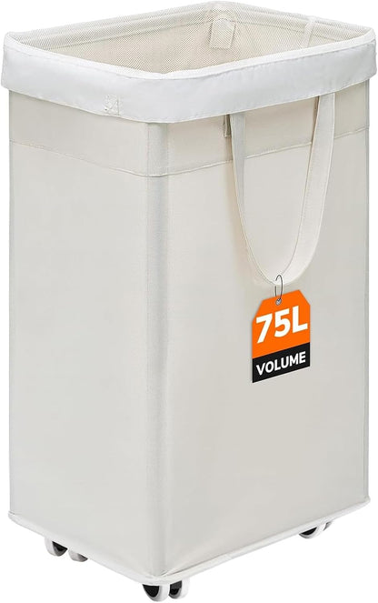 CHICVITA 75L Large Rolling Laundry Basket with Wheels & Wash Bag, Grey | Collapsible design saves space for corner dorms. Removable wash bag for easy laundry transport