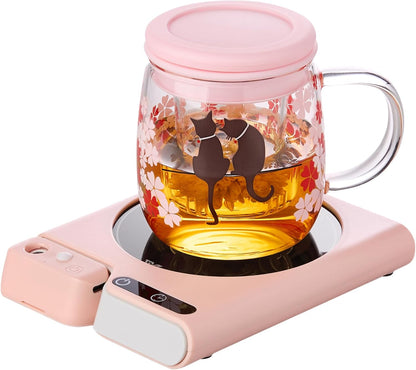 Mug Warmer with 4-Hour Auto Shut Off, 3 Temperature Settings, Frosted Black Rectangular Electric Beverage Heater, Borosilicate Glass Panel, 54-Inch Cord, Coffee Warmer for Desk, Tea Warmer