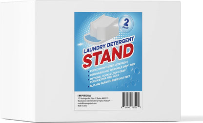 IMPRESA Laundry Detergent Stand - 2-Pack, White Drip Catcher & Liner, Laundry Detergent Storage - Hook & Loop Strap & Secure Grip Feet, Room Organization