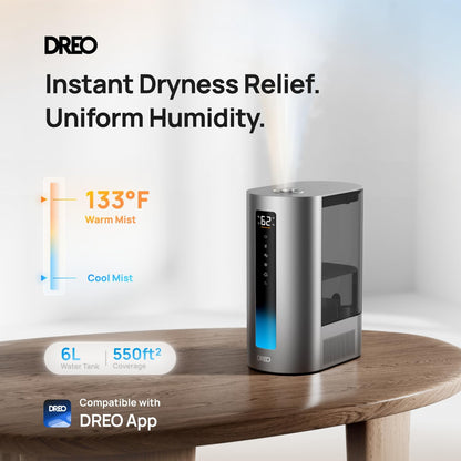 DREO 6L Smart Humidifiers for Bedroom, Warm & Cool Mist for Large Room | 60-Hour Quiet Runtime, 500ML/H Output, Smart Humidity Sensor, Indicator Light, App Control, Works with Alexa & Google, Silver