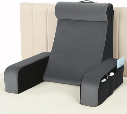 Vekkia 21" Reading Pillow for Bed with Adjustable Arms and XL Side Pockets | 60° Wedge Back Support, Washable Cover, Support Chair for TV, Gaming, Working, Nursing, Recovery in Bed & Floor, Black/Gray