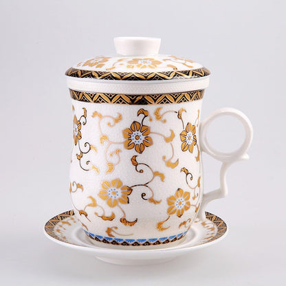 Porcelain Tea Cup with Infuser Lid and Saucer Sets - Chinese Jingdezhen Ceramics Coffee Mug Teacup Loose Leaf Tea Brewing System for Home Office