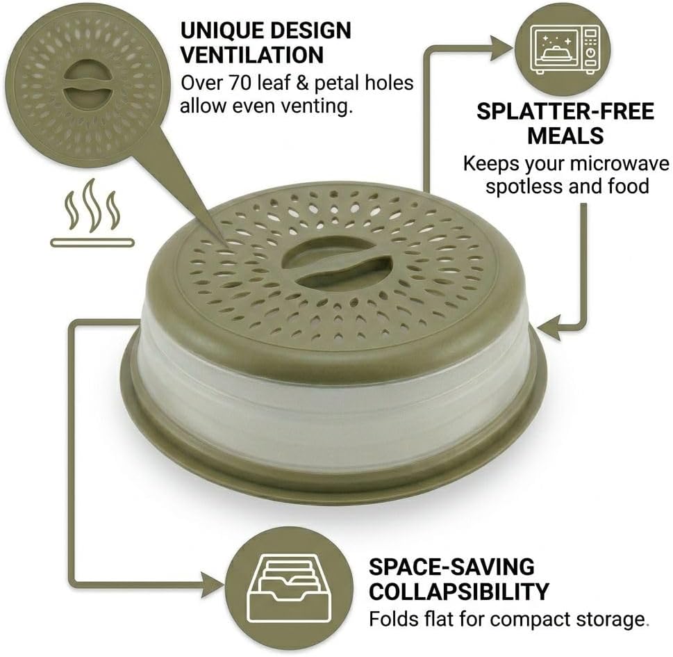 Microwave Splatter Cover for Food – Collapsible, Heat Resistant Vented Lid with Easy-Grip Handle, PP+TPR Plastic, Dishwasher Safe Kitchen Gadget, Green