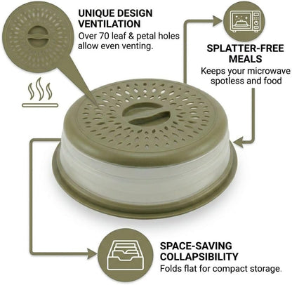 Microwave Splatter Cover for Food – Collapsible, Heat Resistant Vented Lid with Easy-Grip Handle, PP+TPR Plastic, Dishwasher Safe Kitchen Gadget, Green