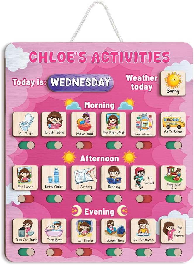 Daily Routine Chart for Kids, Visual Schedule, Routine Chart for Toddlers 3-5, Morning Bedtime Routine Chart for Toddlers, Wooden Chore Chart for Kids