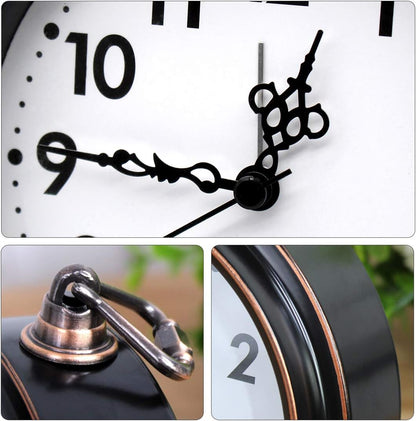 Retro Metal Table Clock Battery Operated Non-Ticking Silent Quartz Table Small Alarm Clock Desk Shelf HD Glass Clock for Kids Room (Arabic-550-12)