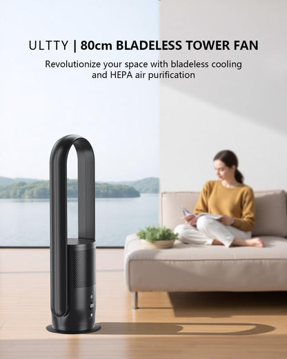 ULTTY Bladeless Tower Fan and Air Purifier Combo, Quiet Oscillating Fan with Remote & Touch Control, 9 Speeds, 8H Timer, HEPA Air Filter, Safe Floor Fan for Bedroom Home Office Black, 23.5"inch