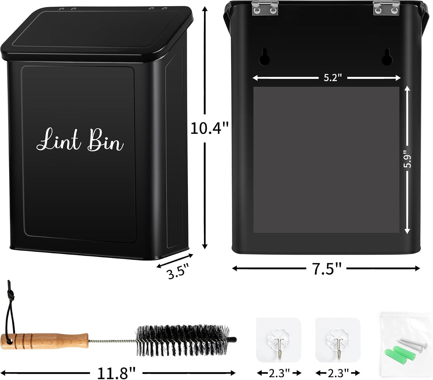 Magnetic Lint Bin for Laundry Room, Metal Lint Trash Can with Lid and Brush, Wall Mounted Lint Box for Dryer, Farmhouse Laundry Room Decor, Black