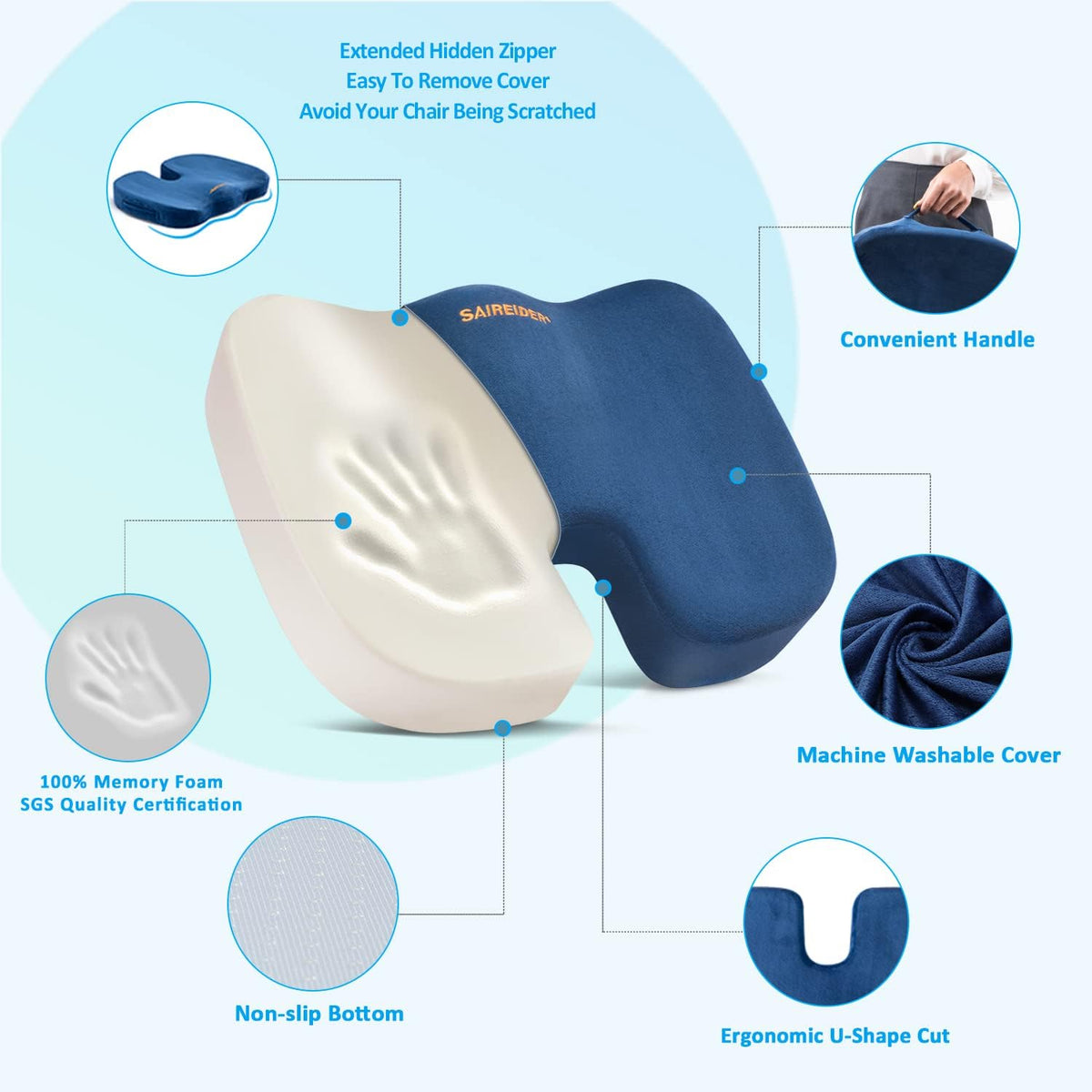 SAIREIDER Seat Cushion and Lumbar Support Pillow for Office Chair, Memory Foam Car Seat Cushions Back Support Pillows, Help Relieve Pain of Back, Lumbar, Tailbone and Sciatic Nerve（Black）