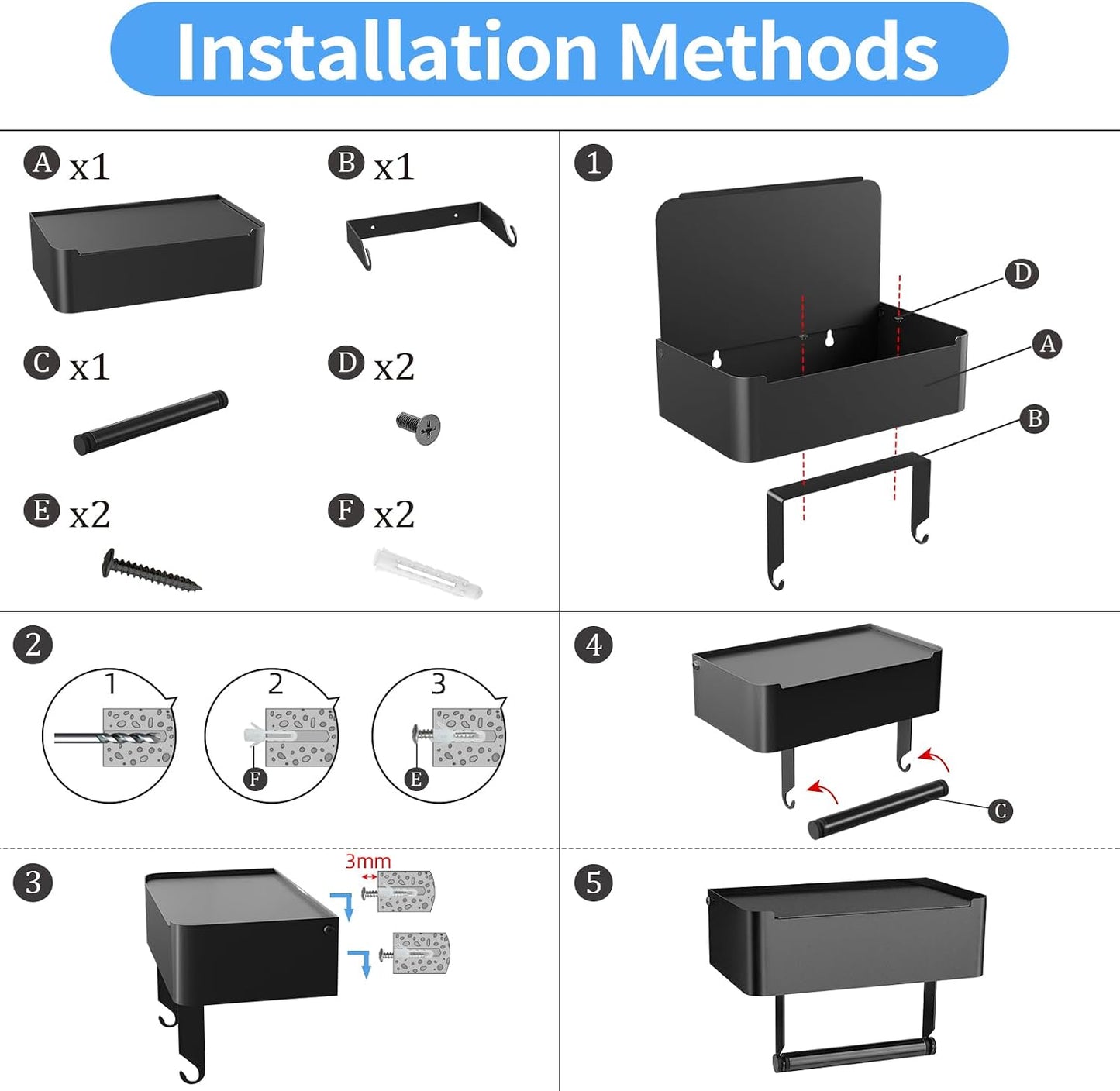 JUYSON Toilet Paper Holder with Shelf, Flushable Wipes Dispenser Fits for Bathroom Wipe Storage, Keep Your Wipes Hidden Out of Sight - SUS304 Stainless Steel Wall Mount Organizer (Matte Black)