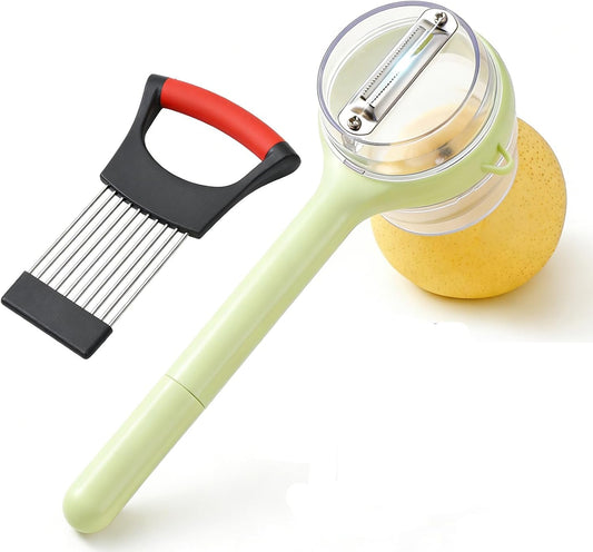 3-Piece Kitchen Set – Stainless Steel Onion Holder Slicer with 10 Forks, Peeler with Storage Box, 3-in-1 Cup Lid & Gap Brush – for Slicing Potato, Avocado, Eggs, Lemon, Meat