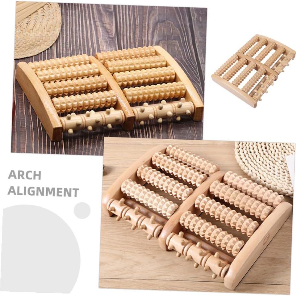 Wooden Dual Foot Massager Roller with Five Row Beads for Feet