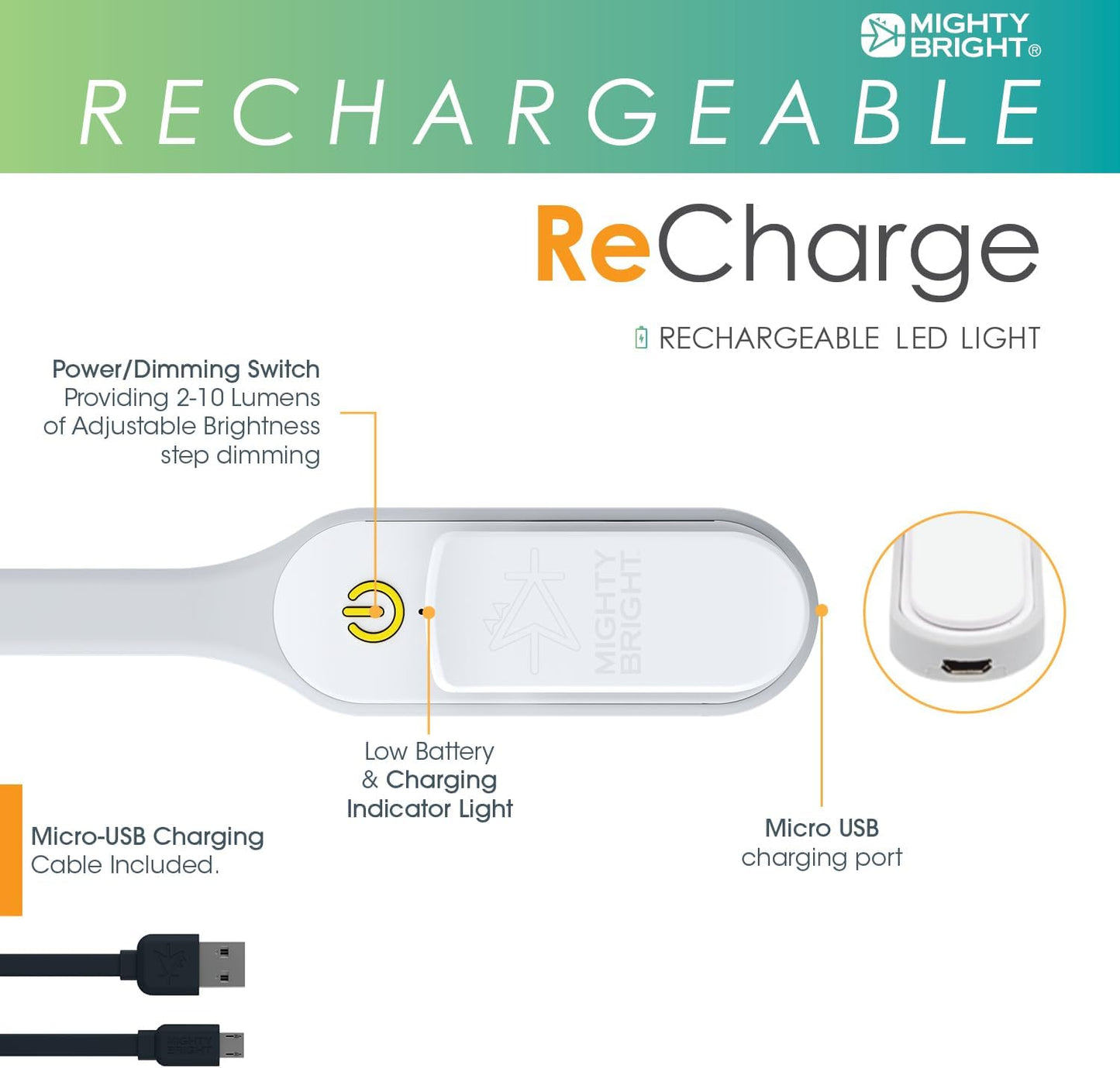 The Original Mighty Bright Recharge Clip On Rechargeable Book Light Reading Light, Warm Eye Care LEDs, Flexible, Durable, Dimmable, Perfect for Kids, Bookworms, Reading in Bed, Lasts 60 Hours (Green)