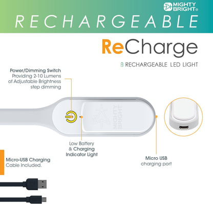 The Original Mighty Bright Recharge Clip On Rechargeable Book Light Reading Light, Warm Eye Care LEDs, Flexible, Durable, Dimmable, Perfect for Kids, Bookworms, Reading in Bed, Lasts 60 Hours (Green)