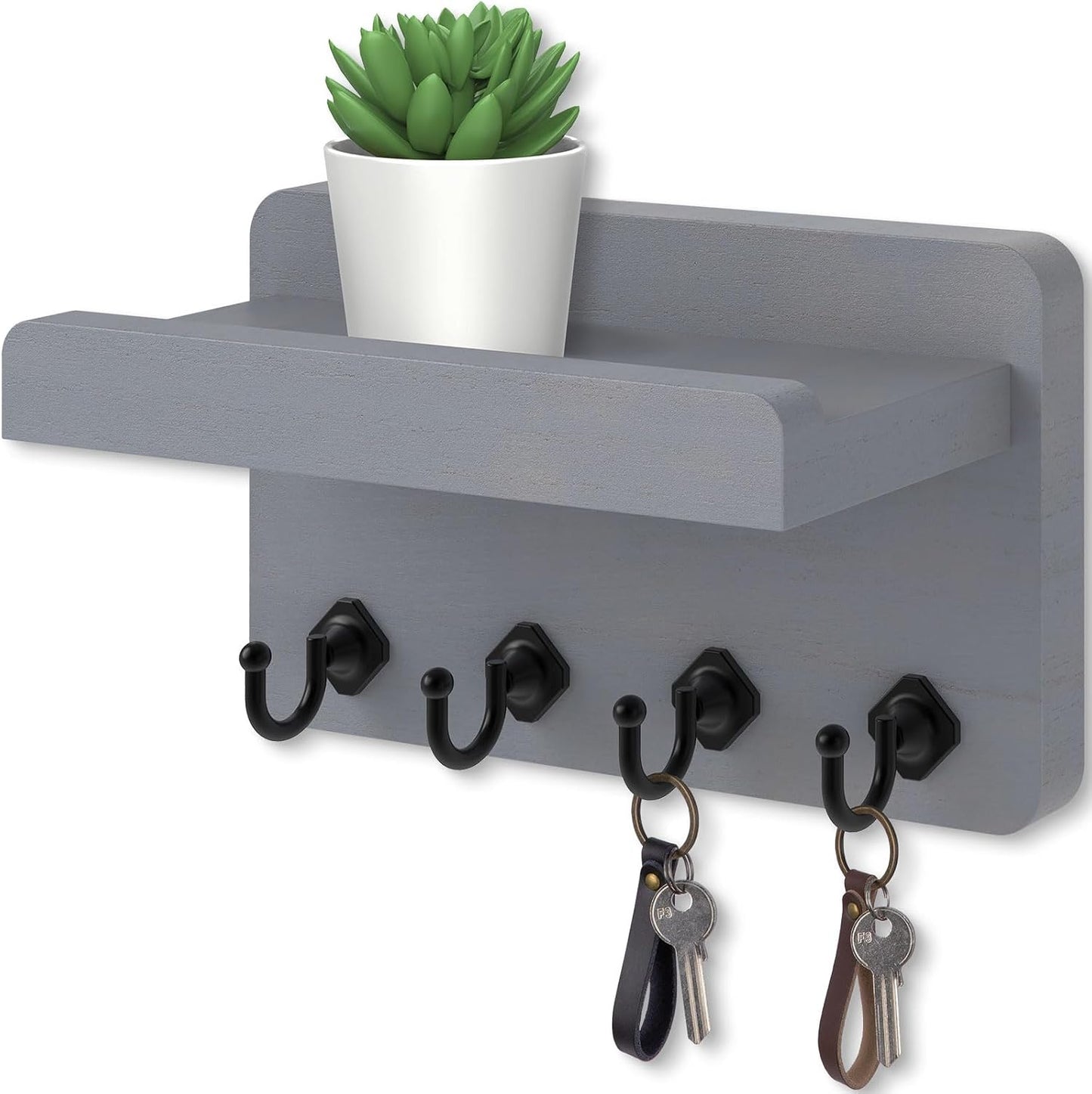 Nekon Key Holder Wall Mount, 8.5 Inch Small Wooden Wall Organizer, Black | Rustic Wall Shelf, Farmhouse Key and Mail Holder for Living Room Entryway Kitchen