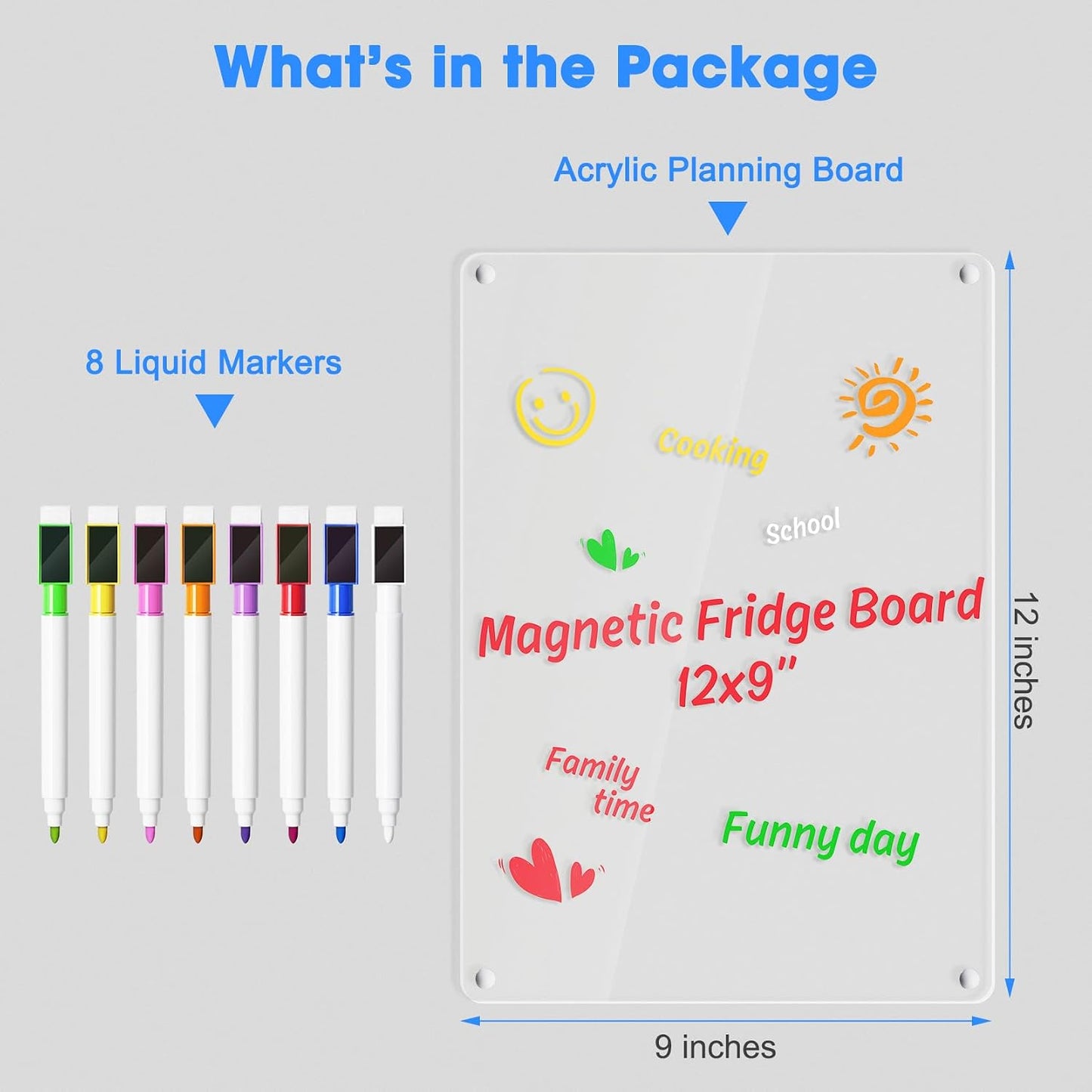 Acrylic Meal Planner Weekly Calendar Menu Board for Kitchen, w/ 8 Markers | Clear Weekly Fridge Calendar Planning Note Board Dry Erase to Do/Grocery/Shopping List/Chore Chart, 12.8x9’’