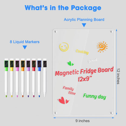 Acrylic Meal Planner Weekly Calendar Menu Board for Kitchen, w/ 8 Markers | Clear Weekly Fridge Calendar Planning Note Board Dry Erase to Do/Grocery/Shopping List/Chore Chart, 12.8x9’’