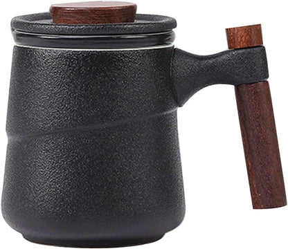 Tea Cup with Infuser and Lid, Rural style Wood Handle Ceramic Mugs Green | Tea Mug Cups with Infuser, Capacity about 320ml / 10.82 OZ, Suitable for Tea, Flower Buds, Coffee, Water, it is LEAD-FREE