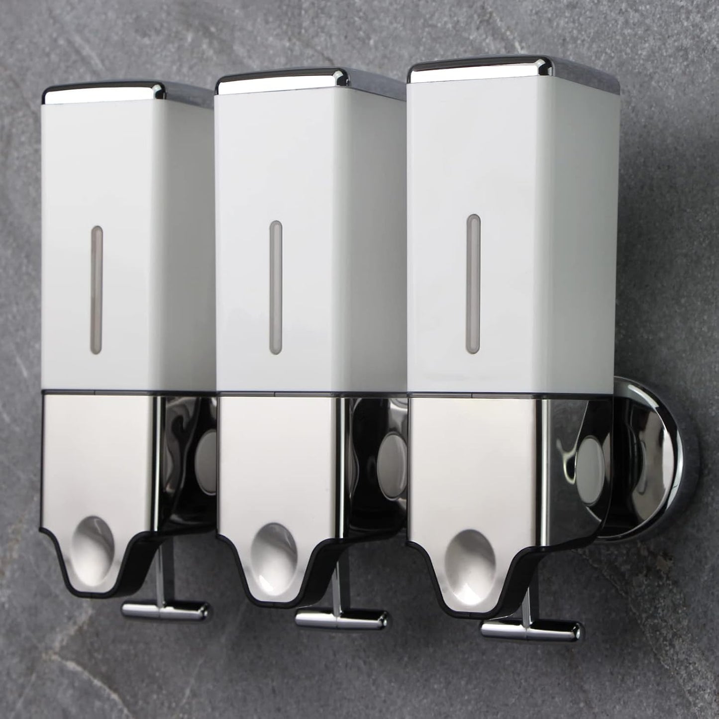 3 in 1 Chamber Wall Mounted Shampoo and Conditioner Dispenser (Silver) | No Drill Shower Soap Dispenser for Bathroom & Hotel Leak-Proof Pumps, Easy Installation and Large Capacity