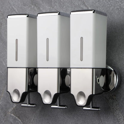 3 in 1 Chamber Wall Mounted Shampoo and Conditioner Dispenser (Silver) | No Drill Shower Soap Dispenser for Bathroom & Hotel Leak-Proof Pumps, Easy Installation and Large Capacity
