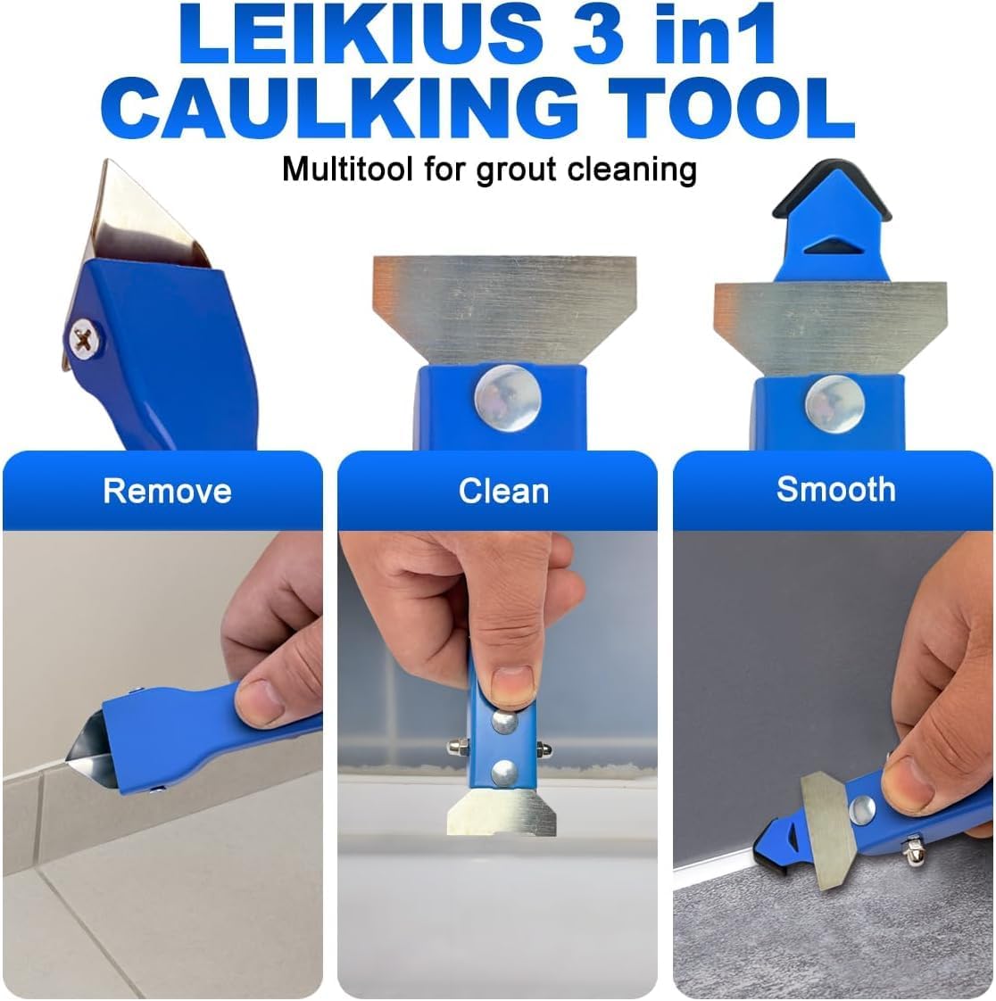 3 in 1 Silicone Caulking Tool, High Quailty Grout Removal Tool and Sealant Finishing Scraper with Stainless Steelhead, Caulk Remover Tool Kit for Window, Kitchen, Floor, and Sink Joint