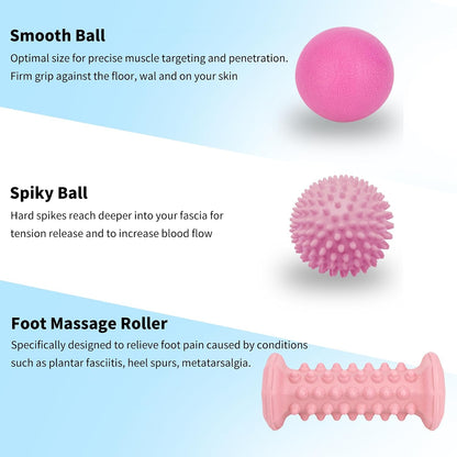 Foot Massager Roller Set for Plantar Fasciitis, Arch and Heel Pain Relief | Includes Foot Roller, lacrosse and spiky massage balls for deep tissue trigger point muscle therapy and neuropathy relief