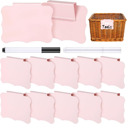 12 PCS Basket Labels Clip On, Removable Clip on Labels for Storage Bins, Plastic Bin Clips with 2 Whiteboard Markers for Organizing Baskets Cube Box (Pink)