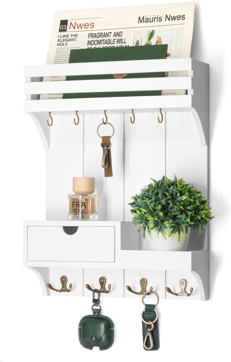 Rebee Vision Key Holder Wall Mount with Drawer Organizer for Entryway,Brown | Pine Wood, 6 Key Hooks, Display Shelf for Plants, Mail Slot for Storage Letter, Multi-Funtional Design, Home Storage
