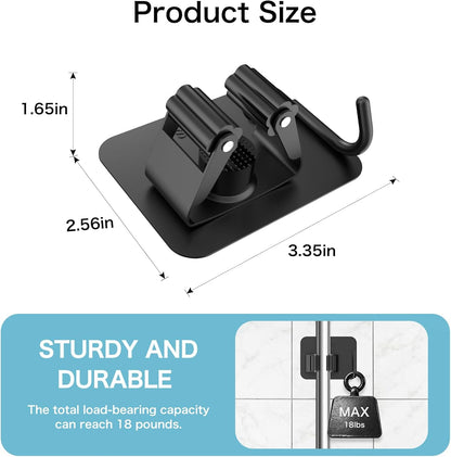 nacena 4 Pack No Drill Self Adhesive Broom Mop Holder Wall Mount with Hooks, Heavy Duty Stainless Steel Organizer for Kitchen Bathroom Garage Storage, Black
