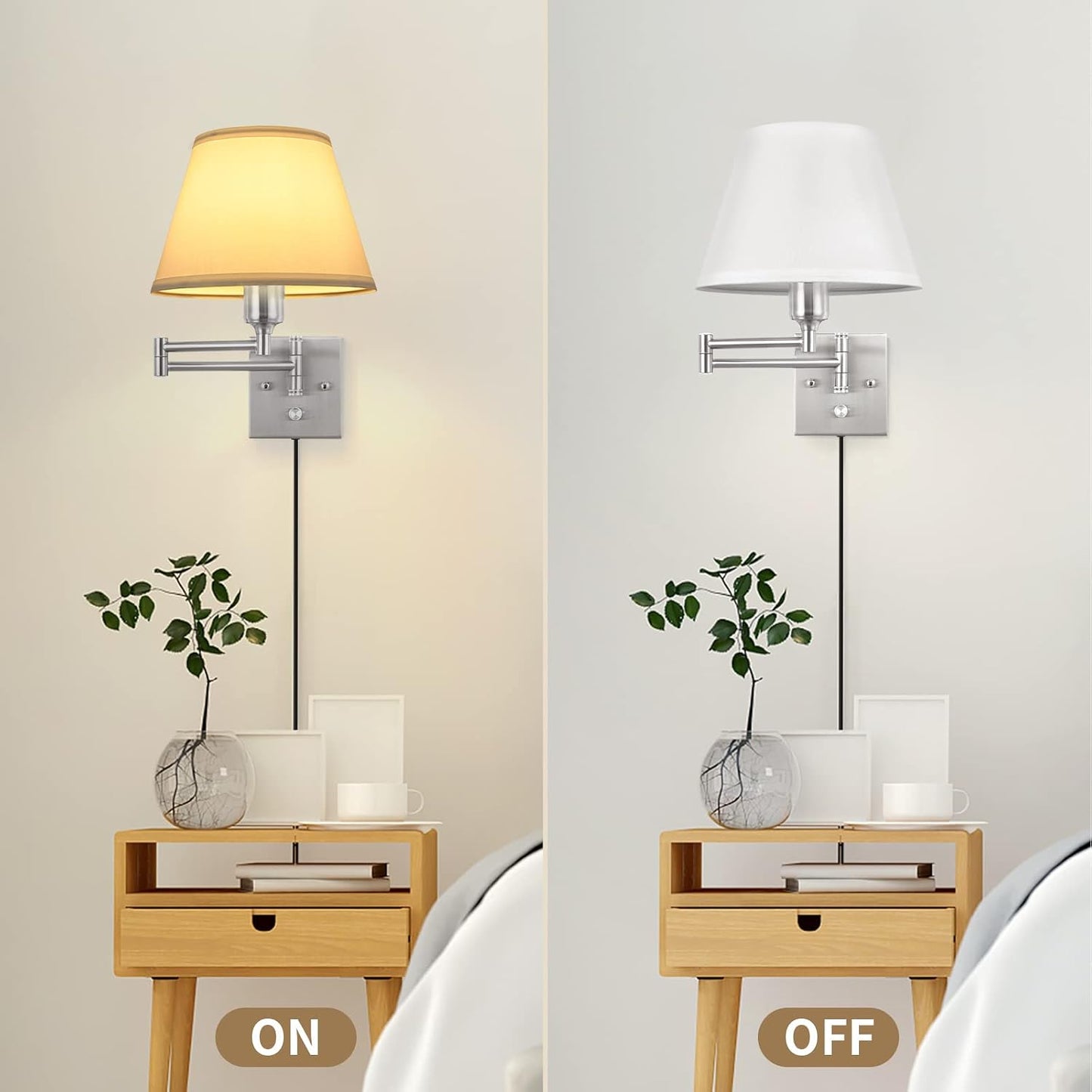 TRLIFE Wall Sconce Plug in, Dimmable Wall Sconces Set of Two Swing Arm Wall Lights with Plug in Cord and On/Off Dimmer Rotary Switch, 9.4" Medium Beige Fabric Shade(2 Pack, 2 Bulbs)