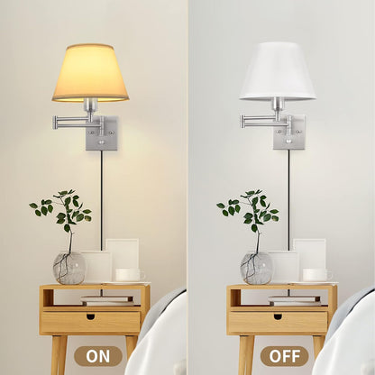 TRLIFE Wall Sconce Plug in, Dimmable Wall Sconces Set of Two Swing Arm Wall Lights with Plug in Cord and On/Off Dimmer Rotary Switch, 9.4" Medium Beige Fabric Shade(2 Pack, 2 Bulbs)