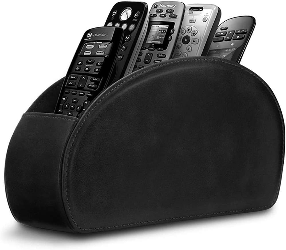 Leather Remote Control Holder with 5 Compartments TV Remote Caddy Storage Box/Tray,Desktop Organizer Store Controller,Glasses,Brush,Media Player,Pen,Space Saver for Bedside Table/Office Desk(Black)