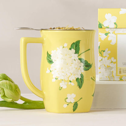 Tea Forte Ceramic Fiore Tea Cup with Infuser, Blue Agave, 14 oz | Insulated Ceramic - Stainless Steel Loose Leaf Infuser - Keeps Tea Hot Longer - Lid Included - Microwave & Dishwasher Safe