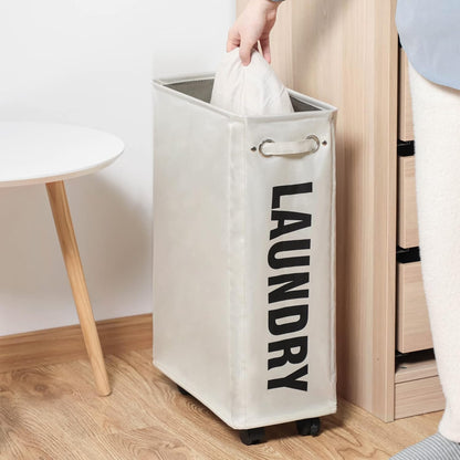 DOKEHOM 25" Slim Rolling Laundry Basket Hamper, Narrow on Wheels, Grey | Collapsible narrow laundry hamper with mesh drawstring closure. Foldable corner clothes storage bin for small spaces