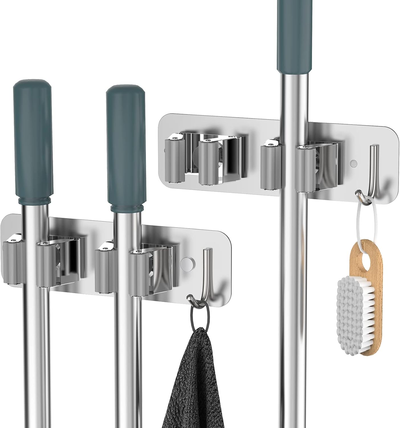 homeasy Wall Mount Mop and Broom Holder, Heavy Duty Stainless Steel Organizer Rack with Hooks | 2-Pack, 2-in-1 No Drill & Screw Installation, Silver