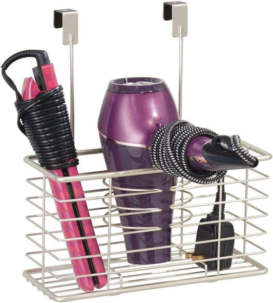 mDesign Steel Over Cabinet/Door Hair Dryer Holder Storage, Hair Styling Tool Organizer Basket for Bathroom - Blow Dryer, Flat Iron, Curling Wand, Straightener, Linelle Collection - Satin