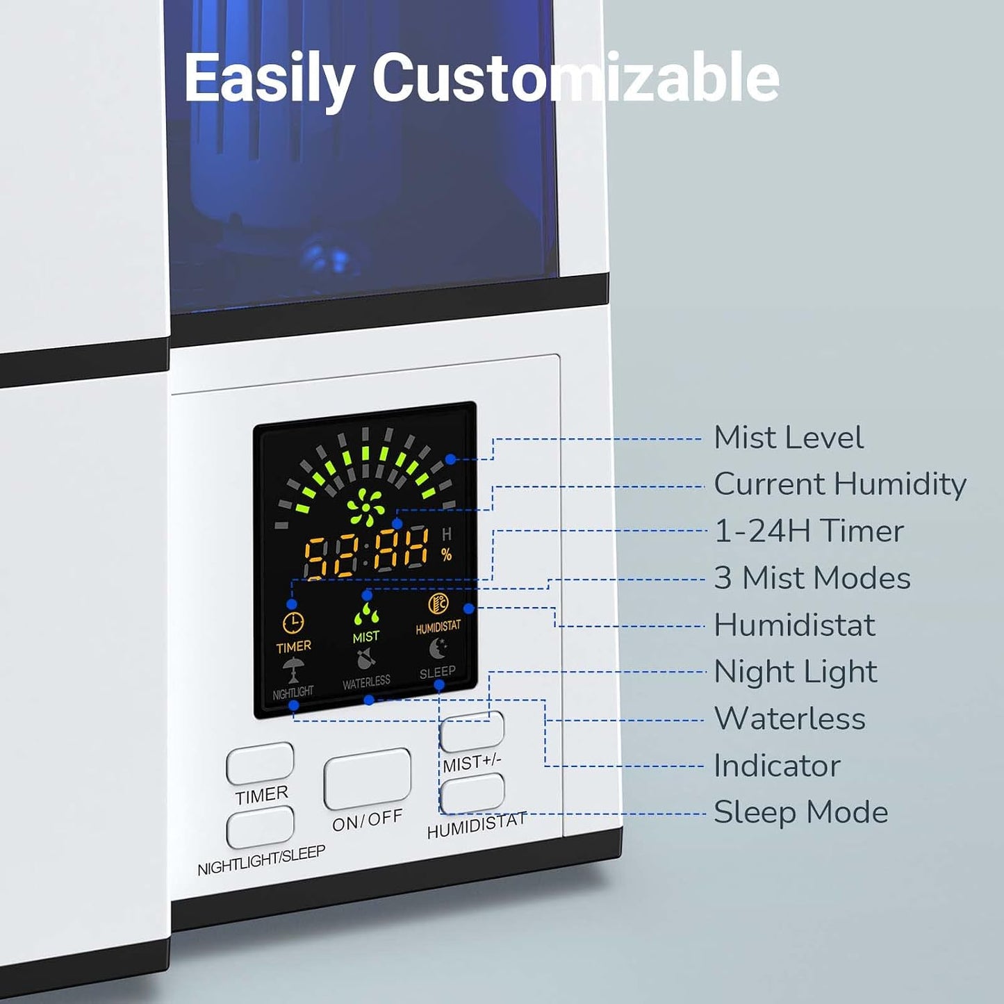 Humidifiers for Bedroom, 4L Cool Mist Humidifiers with Humidistat, humidifier for Home Large Room, LED Display, Quiet Operation, Sleep Mode, 24H Timer, Night Light