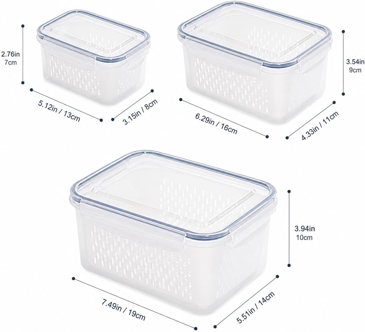 3-Pack BPA-Free Food Storage Containers with Lids & Removable Strainer – Airtight Fridge Organizer & Fresh Produce Keeper for Fruits, Vegetables & Meat, Dishwasher & Freezer Safe (0.85L, 1.75L, 3.3L)