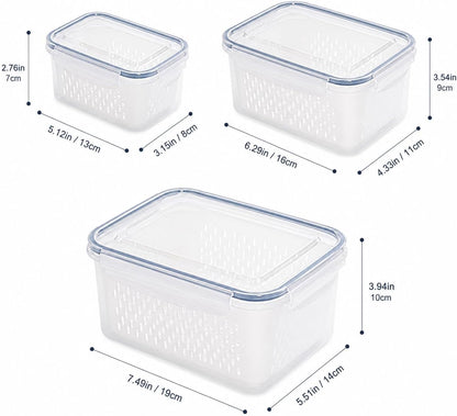 3-Pack BPA-Free Food Storage Containers with Lids & Removable Strainer – Airtight Fridge Organizer & Fresh Produce Keeper for Fruits, Vegetables & Meat, Dishwasher & Freezer Safe (0.85L, 1.75L, 3.3L)