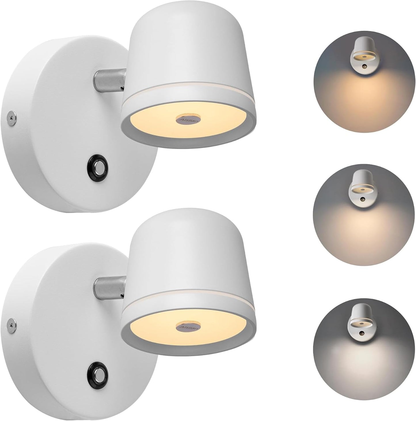 Aisilan LED Plug in Wall Sconce with Touch Dimmable Control Adjustable Wall Mounted Lamp Angle Anti-Glare Matte White Aluminum Bedside Reading Wall Lights for Bedroom Living Room