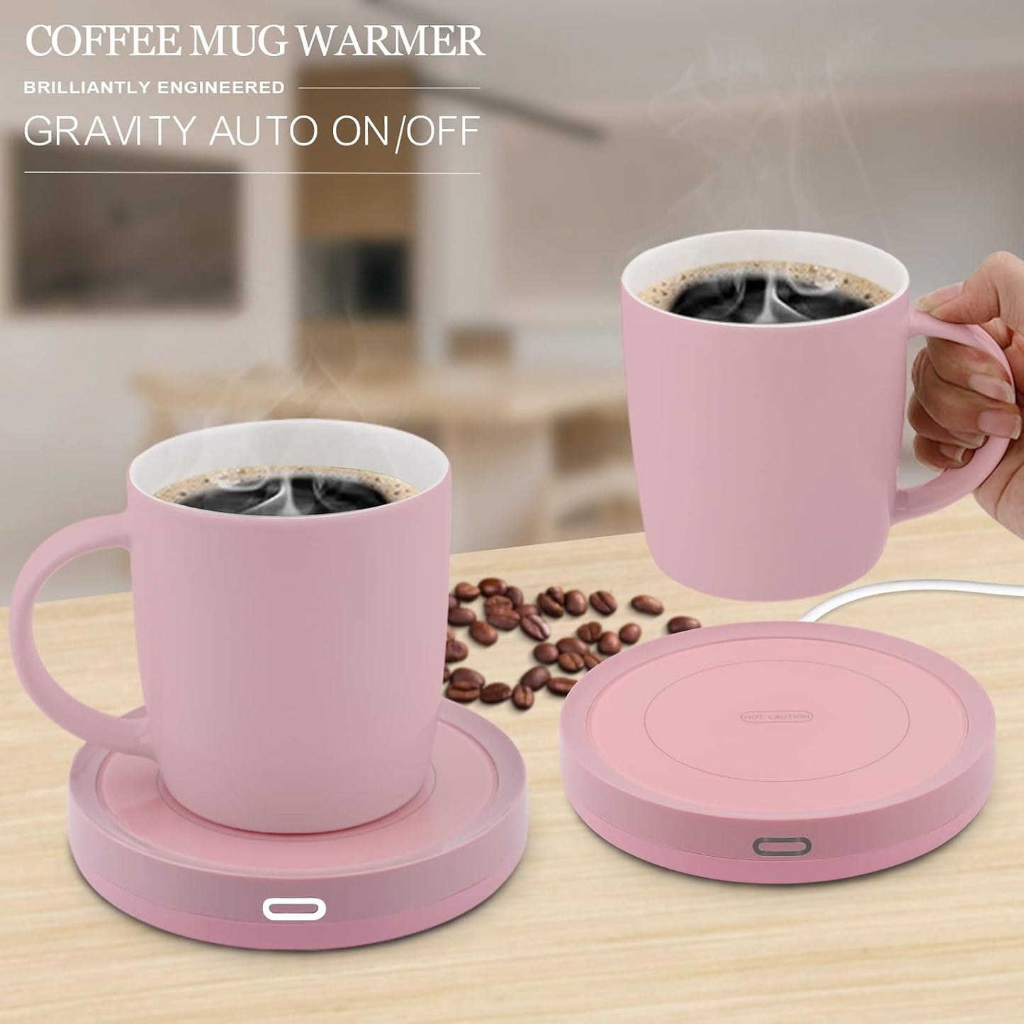 BESTINNKITS Smart Coffee Set Auto On/Off Gravity-Induction Mug Office Desk Use, Candle Wax Cup Warmer Heating Plate (Up to 131F/55C), 14oz (White Set)