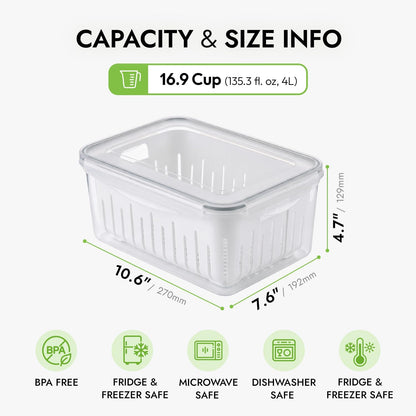 11.4 Cup Produce Saver Container for Fridge with Colander 2.7L | Airtight Fruit & Vegetable Storage Bin, Removable Strainer Basket, BPA-Free, Stackable, White Colander