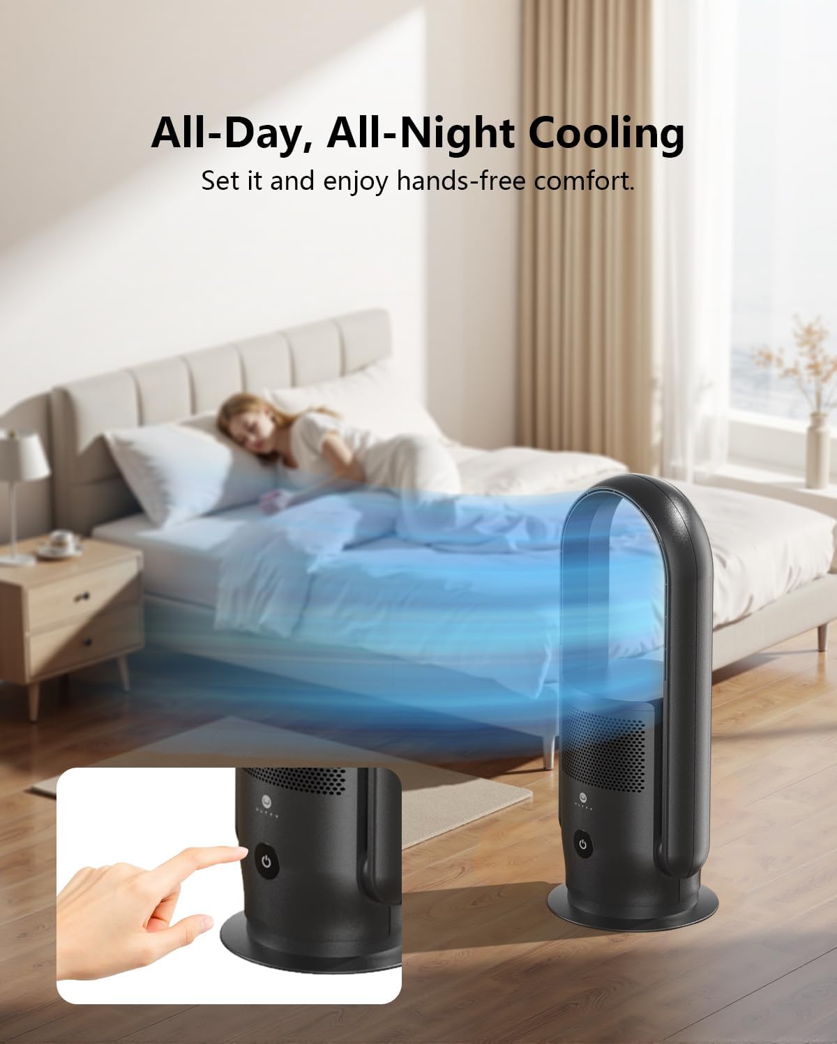 ULTTY Bladeless Tower Fan and Air Purifier Combo, Quiet Oscillating Fan with Remote & Touch Control, 9 Speeds, 8H Timer, HEPA Air Filter, Safe Floor Fan for Bedroom Home Office Black, 23.5"inch